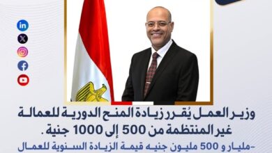 وزير العمل يُقرر زيادة المنح الدورية للعمالة غير المنتظمة من 500 إلى 1000 جنيه 1